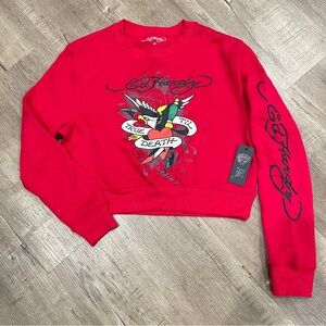 NEW Ed Hardy Cherry Red Sweater‎ Eagle Print Logo Women Size M Y2K